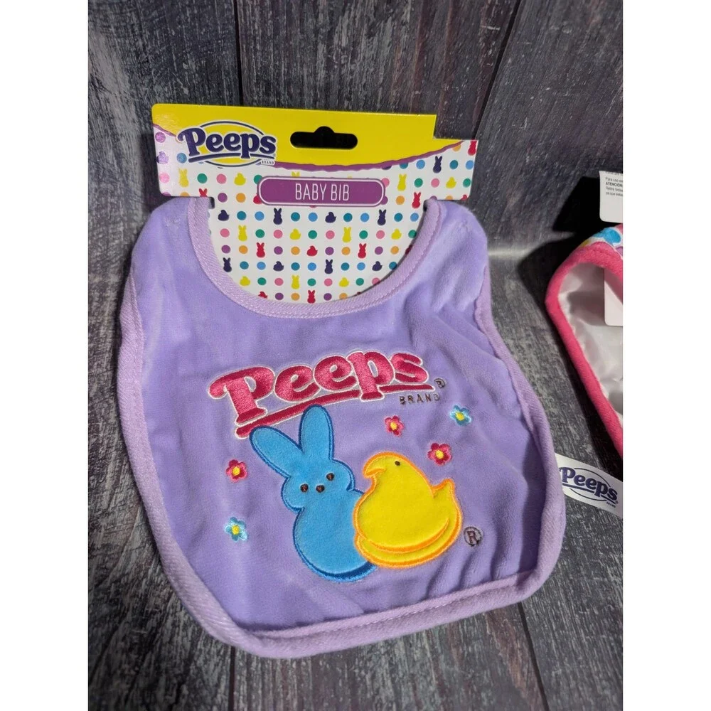 PEEPS Chick & Bunny Soft Easter Baby Bib Set of 2 - Purple Pink Yellow Blue NEW